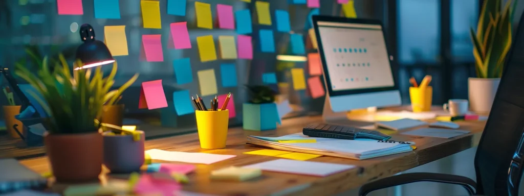 a modern office desk scattered with colorful sticky notes filled with real estate seo keywords for investor success.