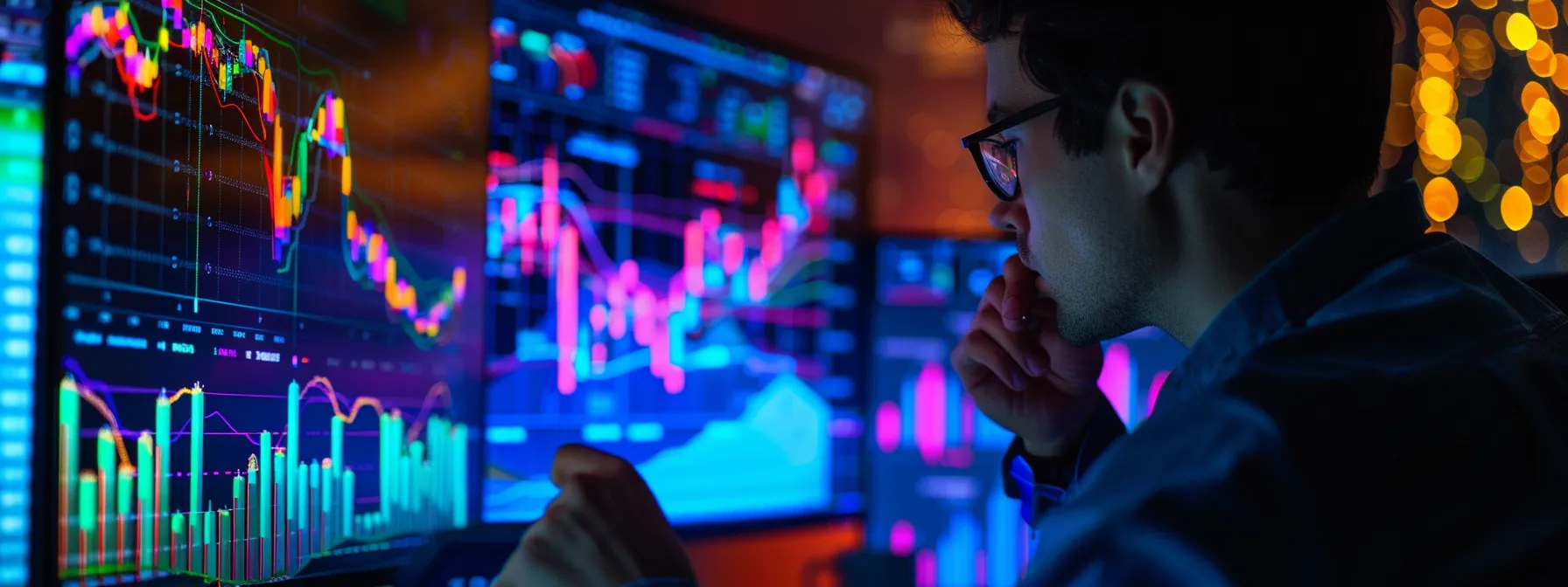 a person analyzing a computer screen filled with colorful graphs and charts, adjusting keywords to better meet audience needs.