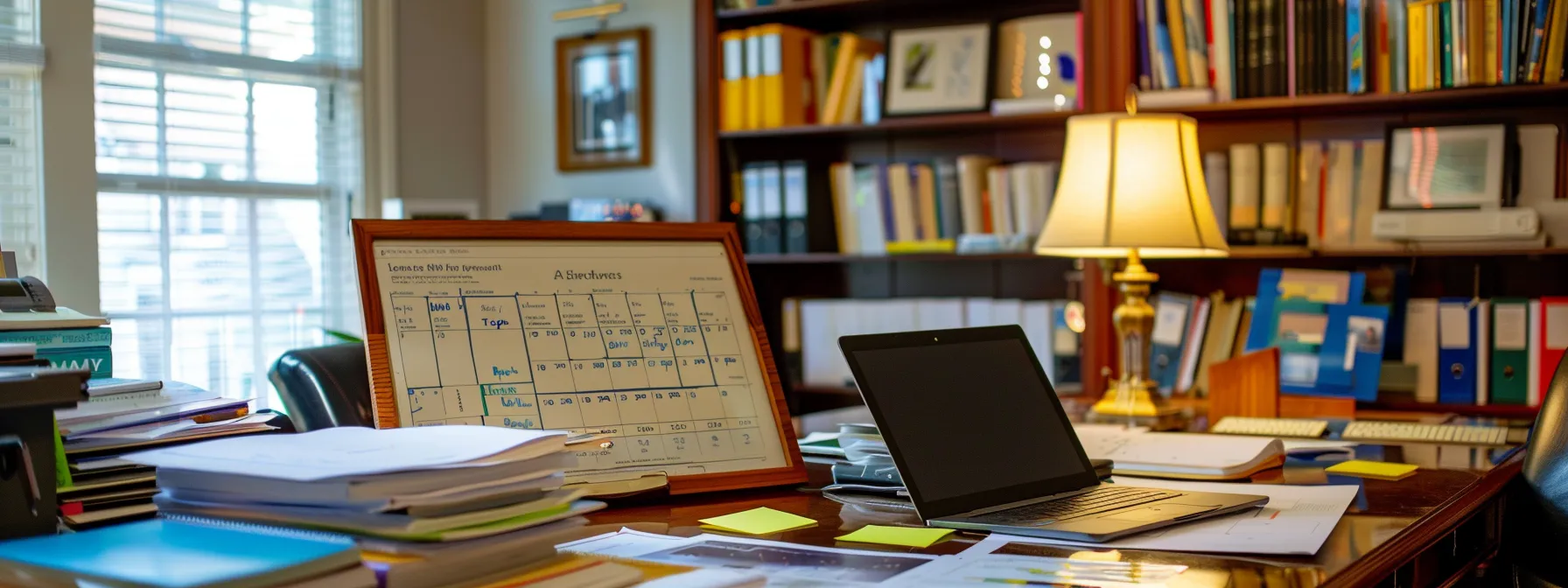 a busy real estate office with a whiteboard displaying a detailed content calendar, surrounded by stacks of research papers and a laptop open to keyword analysis tools.