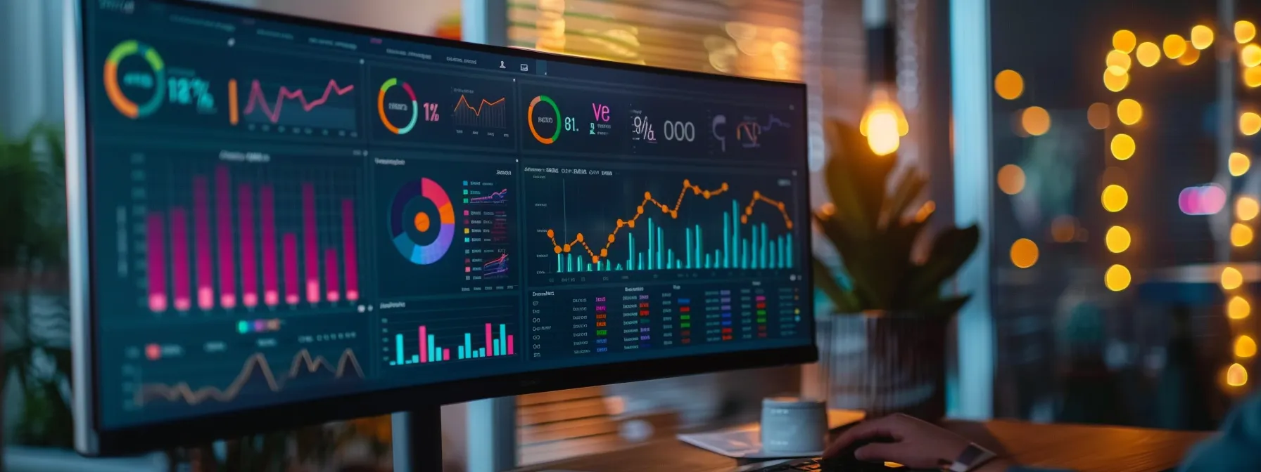 a person analyzing a colorful, interactive seo analytics dashboard on a computer screen.