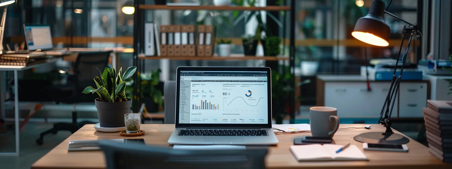 a busy office desk with a laptop open, displaying a website with a graph showing a steady increase in search engine rankings.