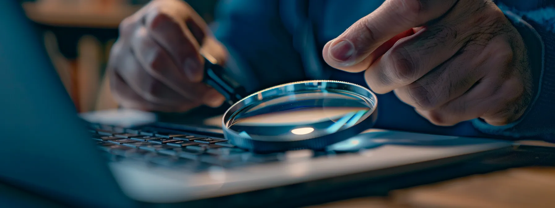 a person using a magnifying glass to inspect and update internal links on a laptop screen.