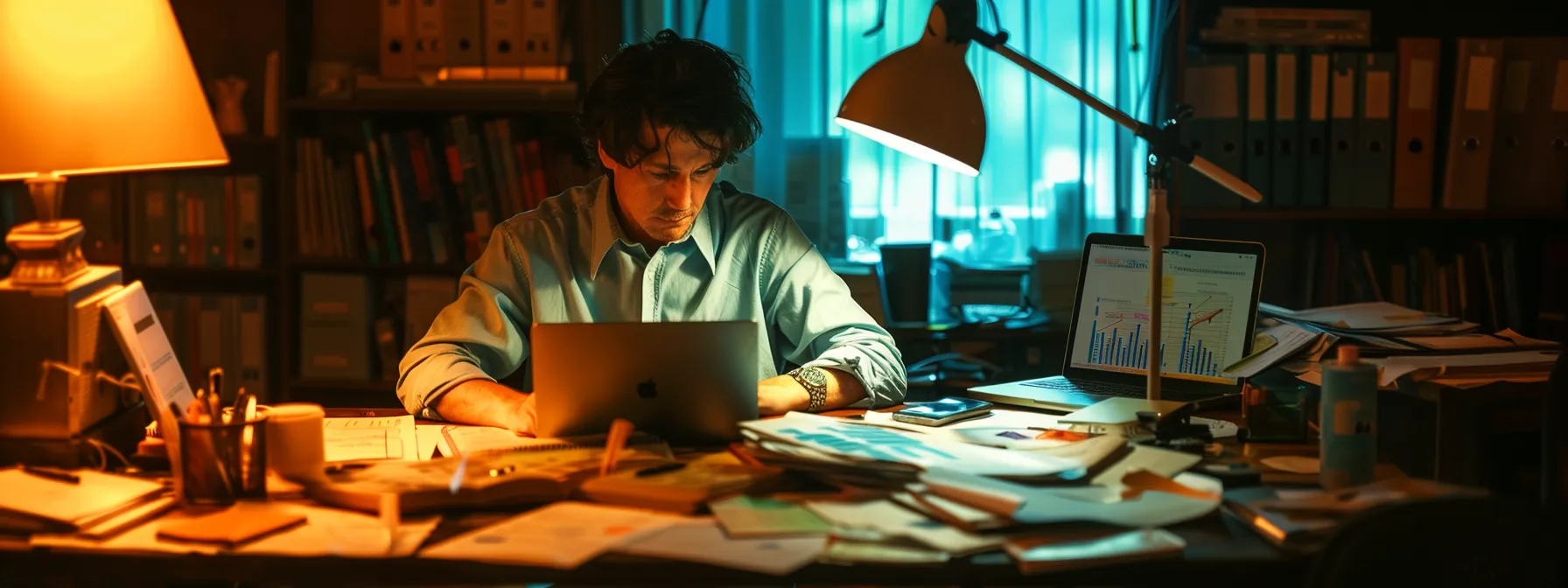 a person sitting at a desk surrounded by papers and a laptop, analyzing charts and graphs for content optimization.