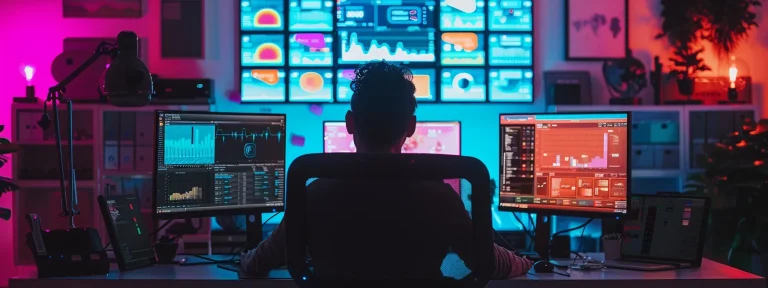 a person sitting at a desk, surrounded by multiple computer screens displaying colorful and detailed seo analytics dashboards.