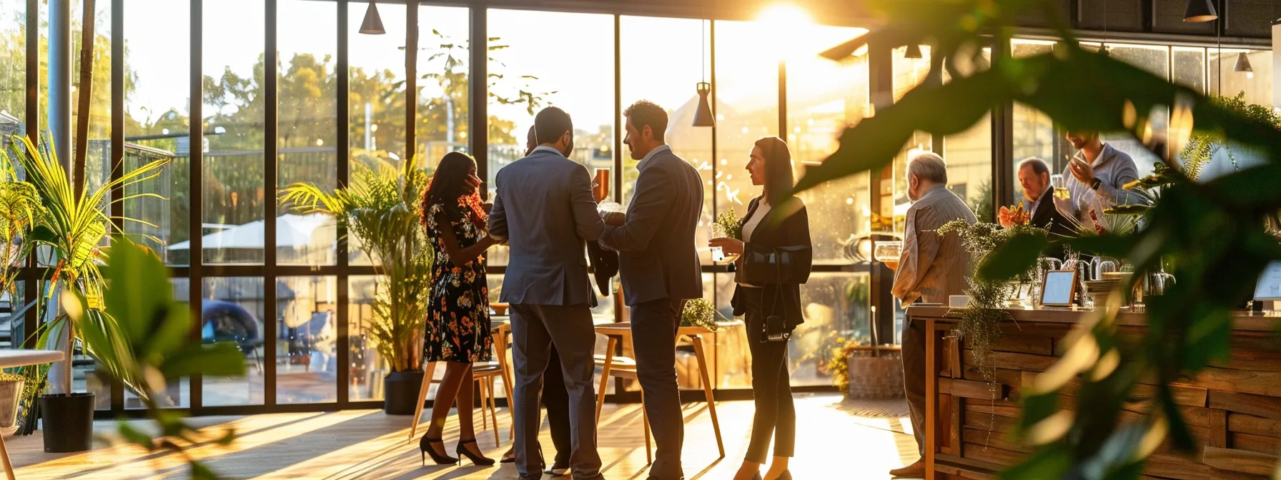 a real estate agent networking at a sustainability-themed industry event, showcasing ethical link-building practices to enhance credibility and effectiveness.