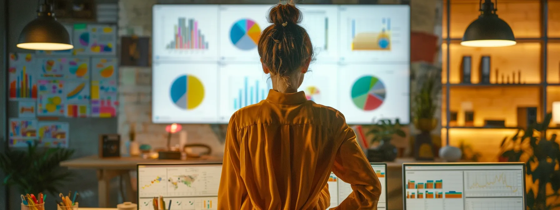 a person in a modern office, surrounded by colorful charts and graphs, analyzing keywords for real estate investing seo.