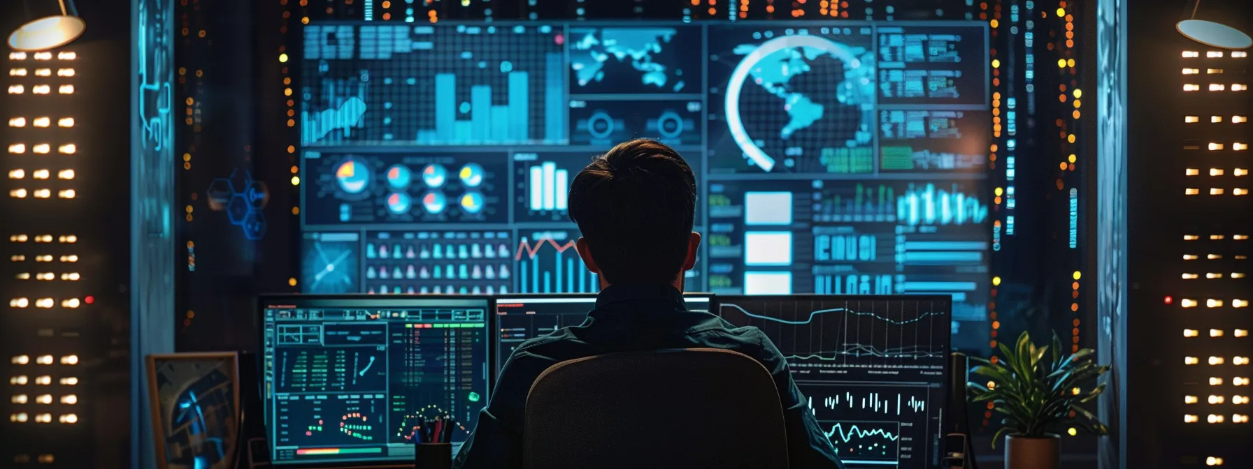 a person analyzing data on a computer screen surrounded by graphs, charts, and metrics, reflecting the impact of content optimization strategies.