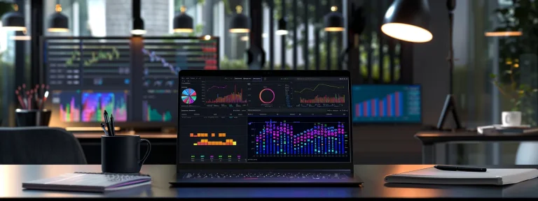 a laptop displaying real-time analytics data with colorful charts and graphs, surrounded by a desk cluttered with notebooks and coffee cups.