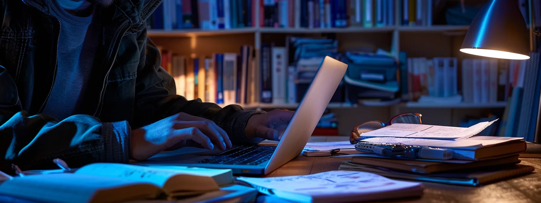 a person updating a dynamic and engaging blog post on a sleek laptop, surrounded by books and research materials, showcasing adaptability and commitment to staying relevant in the digital landscape.