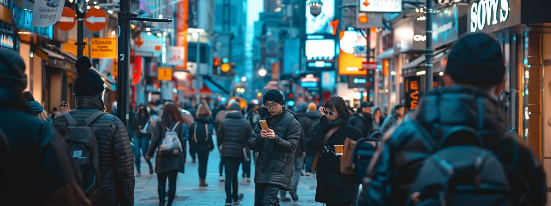 a vibrant city street filled with mobile users searching for local businesses on their smartphones, highlighting the importance of mobile optimization in boosting local search rankings.