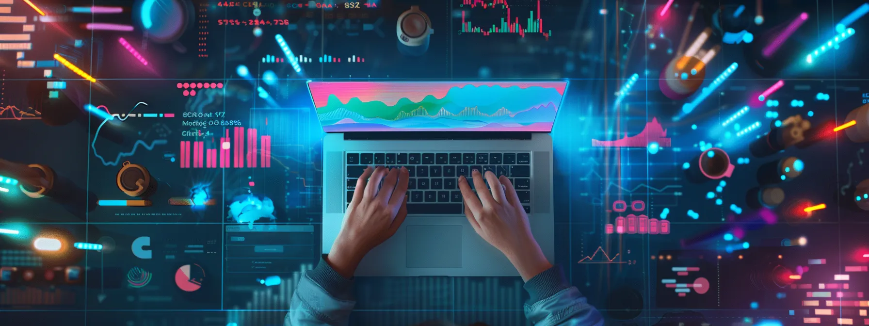 a person typing on a laptop surrounded by colorful charts and graphs, optimizing content for seo.