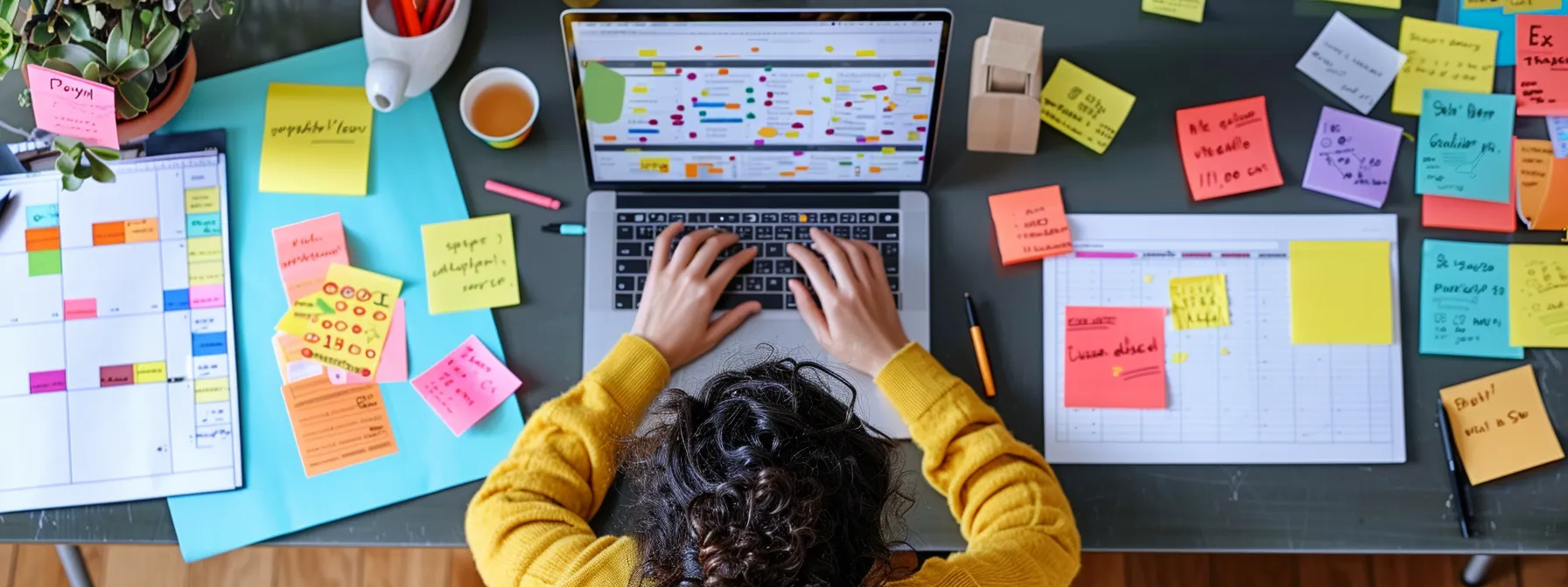 a person sitting at a sleek desk surrounded by colorful sticky notes, a laptop showing a website homepage, and a calendar with marked update dates.