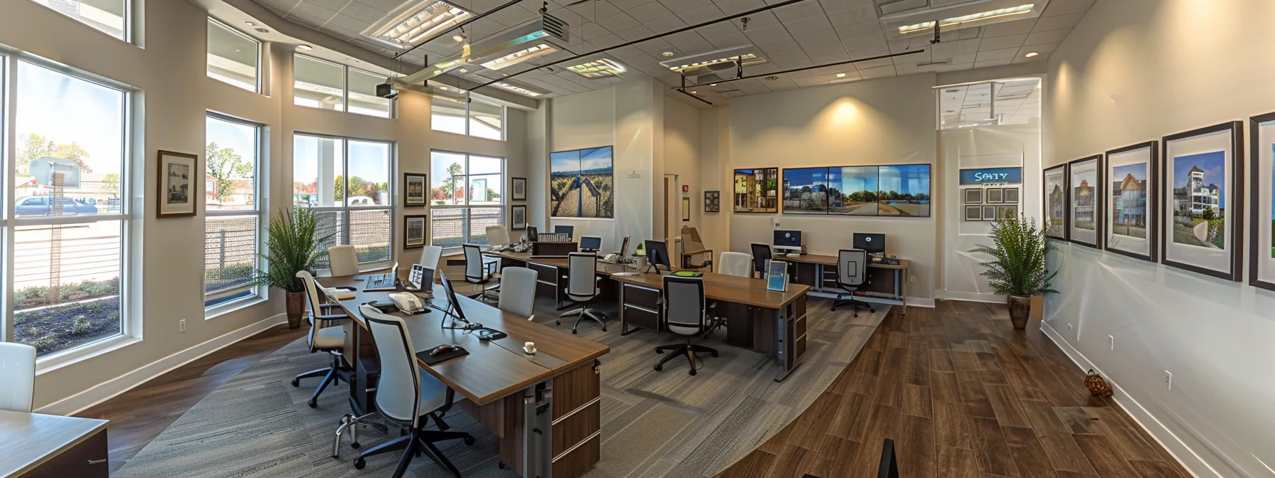 a stunning photograph of a real estate office with high-quality photos and videos on display, showcasing the essence of essential optimization techniques for business listings.