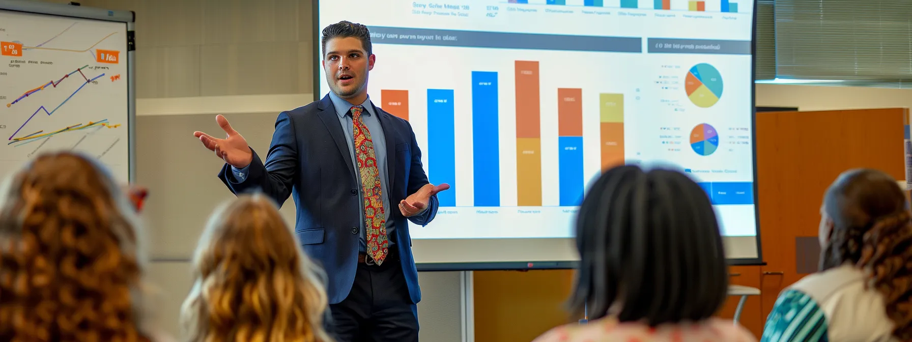 a real estate agent presenting a captivating infographic to a group of engaged audience members, surrounded by colorful visuals and charts.