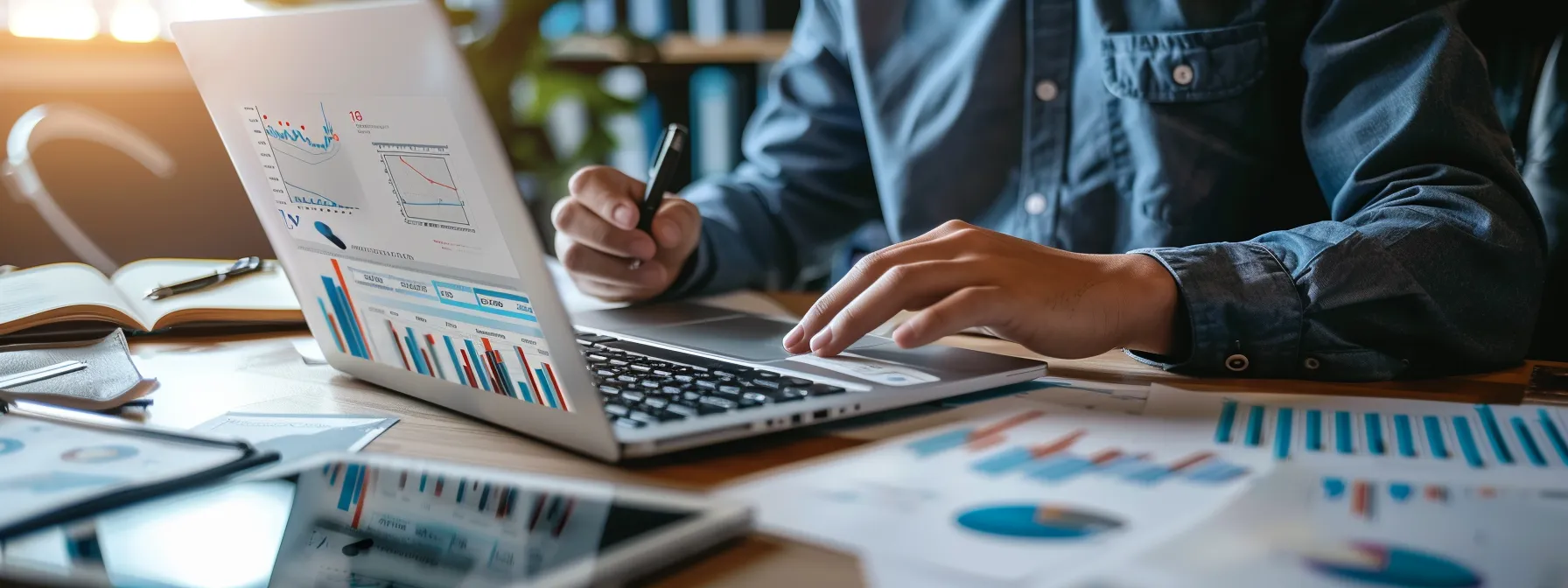 a business owner updating their google my business listing on a laptop, surrounded by graphs and charts showing analytics and performance metrics.