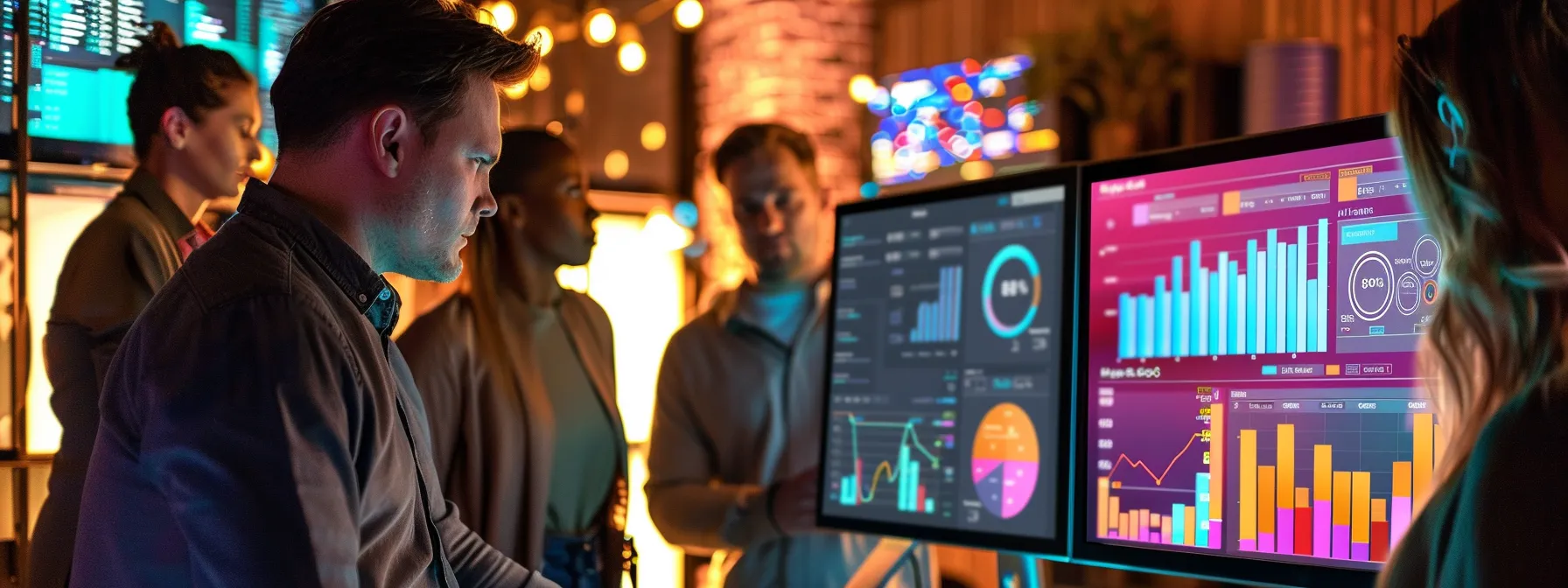 a busy marketing team gathered around a computer screen displaying a visually captivating custom seo analytics dashboard, showcasing data insights with colorful charts and graphs.