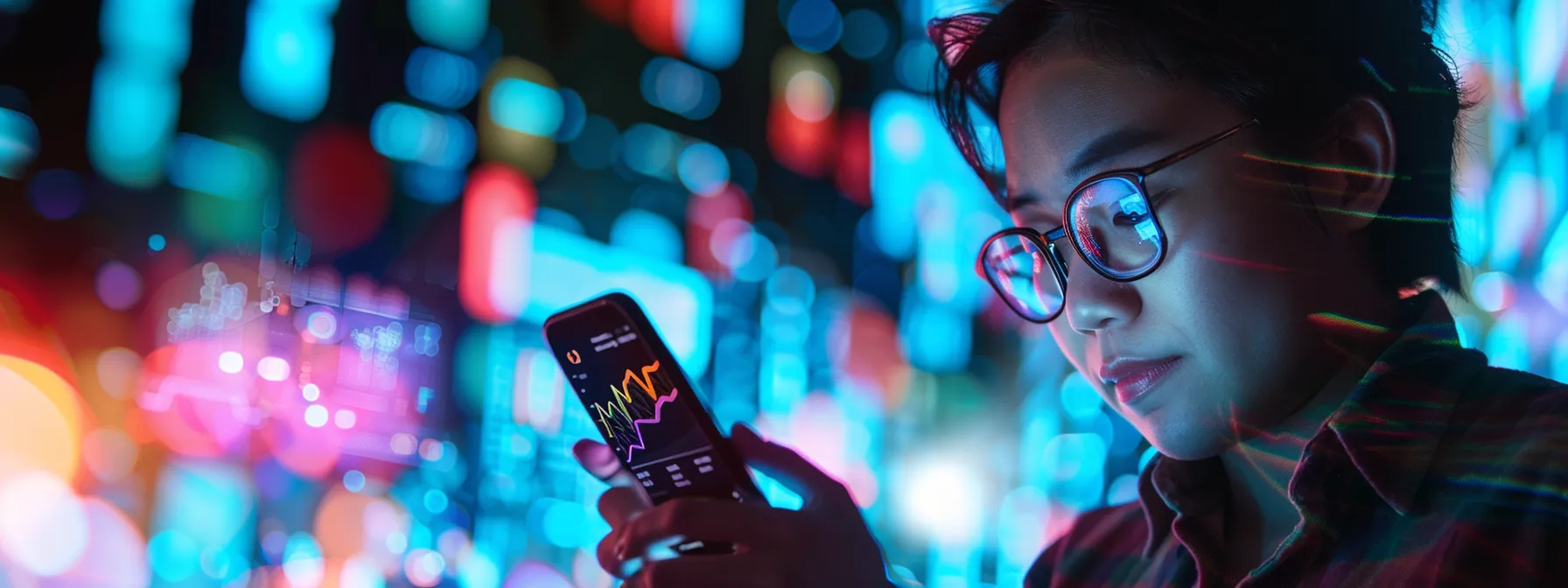 a person analyzing data on a smartphone screen, surrounded by colorful graphs and charts, with a focused and determined expression.