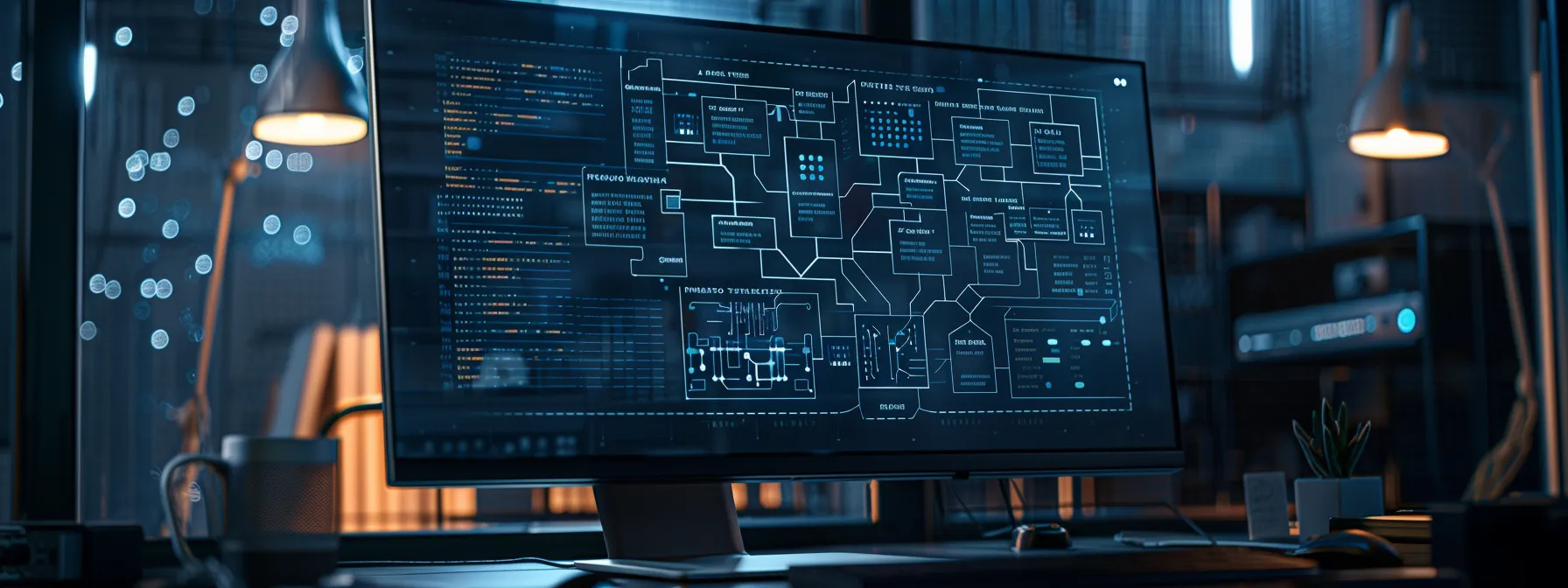 a computer screen displaying a detailed internal linking strategy flowchart with interconnected topic clusters and keyword research tools in the background.