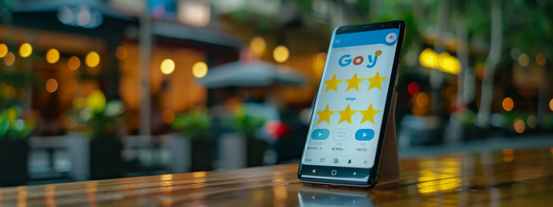 a smartphone displaying a google my business profile with glowing reviews and consistent nap information, surrounded by local landmarks, showcasing effective local seo optimization for mobile search.