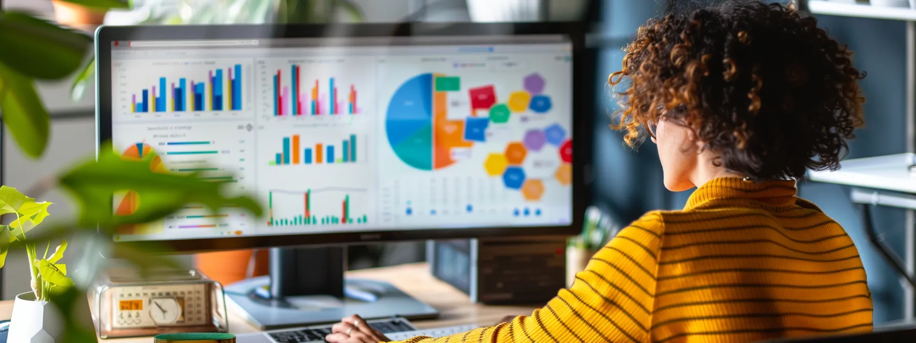 a person sitting at a desk, analyzing colorful graphs and charts on a computer screen using google analytics and seo tools to enhance their website's performance.