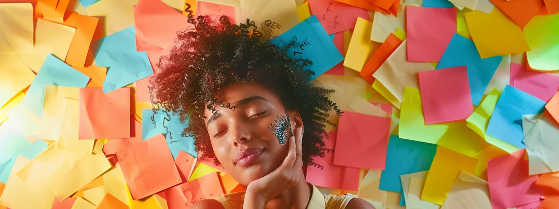 a person surrounded by colorful sticky notes with real estate keywords, brainstorming ideas for content strategy.