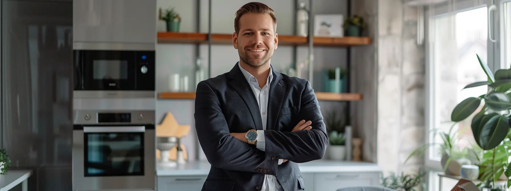 a real estate agent standing confidently in front of a computer screen displaying a website filled with backlinks from local directories and industry-relevant guest posts, showcasing their expertise and seo success.