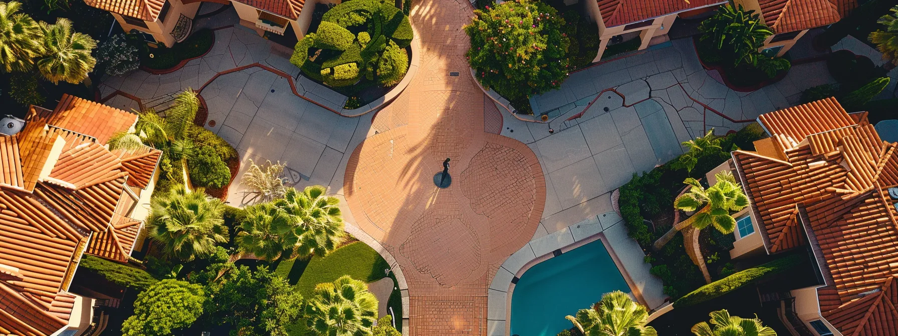 a person examining a well-maintained property surrounded by a bustling real estate market.