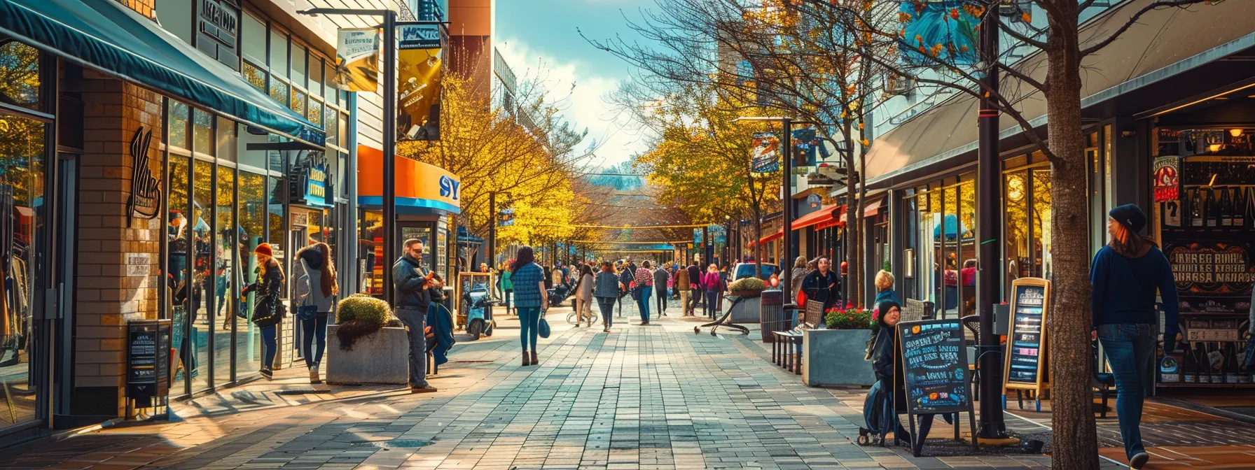 a bustling city street lined with vibrant storefronts, showcasing the importance of local seo for businesses.