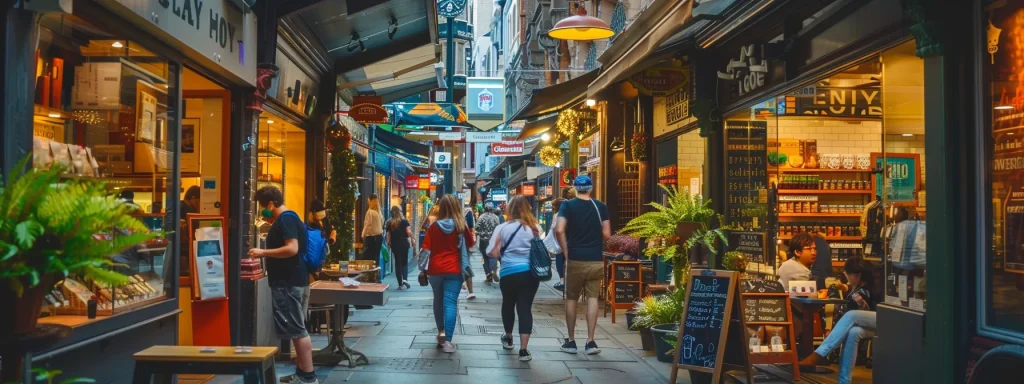 a bustling city street with vibrant storefronts displaying prominent local business schema markup tags.