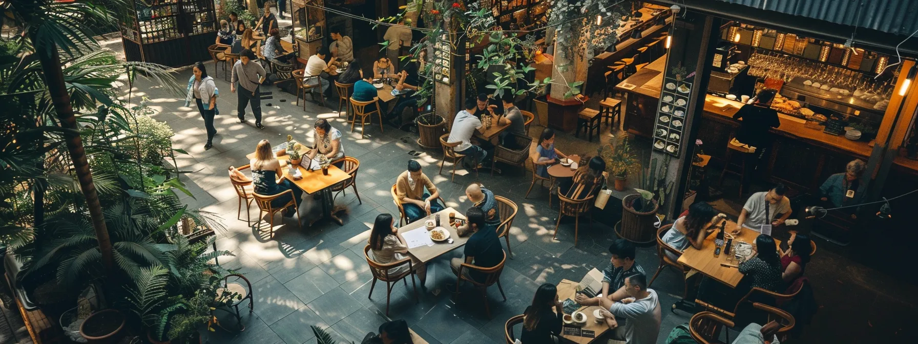 a bustling coffee shop with a vibrant outdoor seating area, displayed on a google business profile to maximize visibility in local searches.