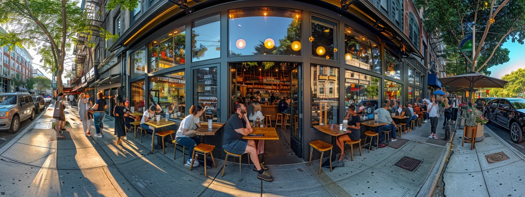 a bustling coffee shop with a vibrant google business profile displayed on the storefront window, attracting customers with enticing reviews and accurate information.