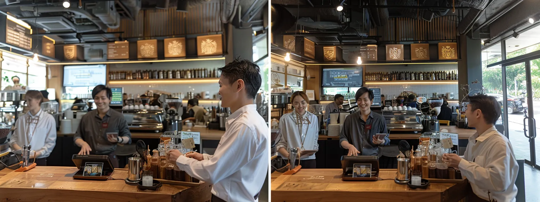 a bustling coffee shop with smiling customers happily leaving positive feedback on tablets, while the staff diligently responds to reviews and displays glowing testimonials on a digital screen above the counter.