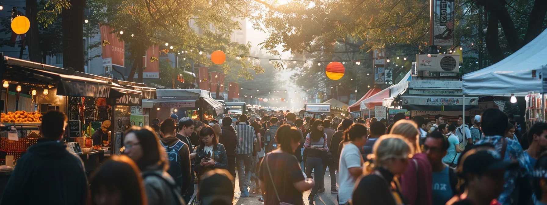 a bustling street fair with local vendors and community members interacting, sharing social media posts tagged with the event location and relevant hashtags.