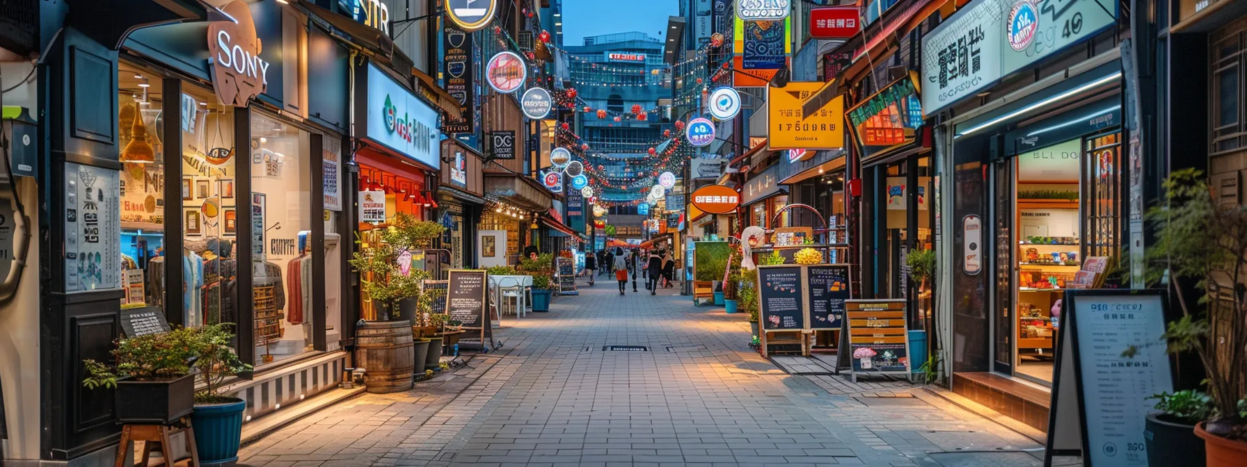 a bustling street lined with vibrant storefronts, each prominently displaying google my business stickers, customer review plaques, and directories showcasing the local businesses' strong seo presence.