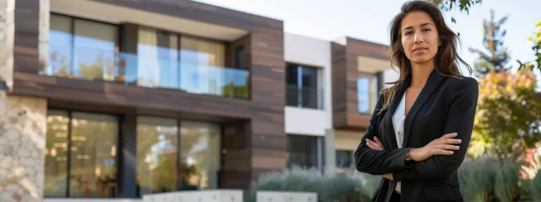 a confident investment real estate agent standing in front of a modern commercial property with a sleek glass facade.