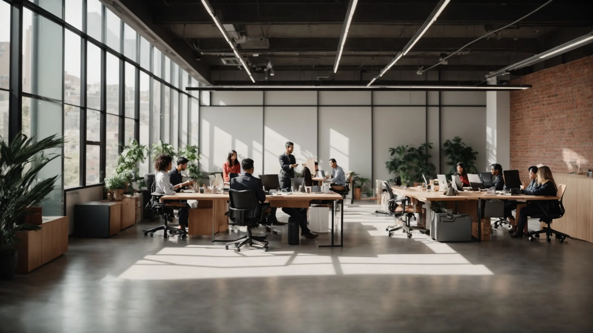 a diverse group of local business owners collaborating on a clean, modern office space, symbolizing ethical local backlink building practices.