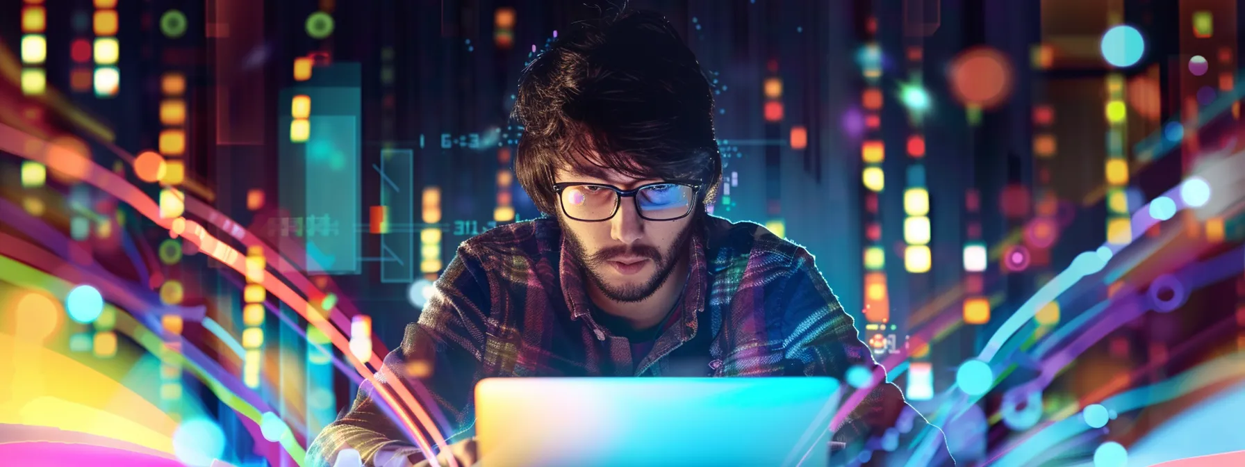 a focused web developer analyzing speed testing tools on a laptop, surrounded by colorful graphs and charts, with a determined expression on their face.