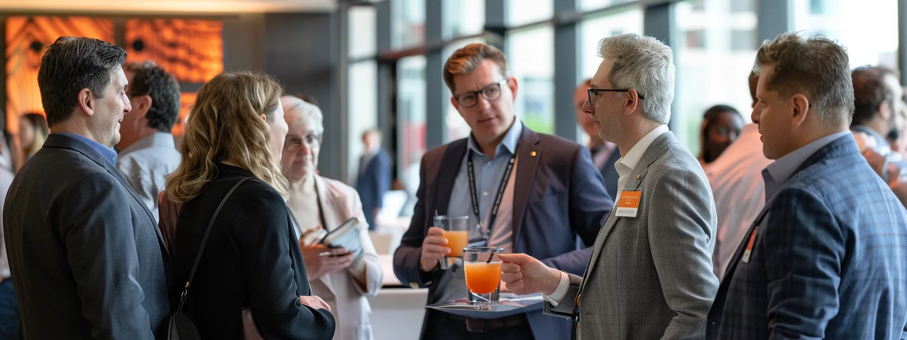 a group of diverse professionals engaged in a lively discussion during an industry networking event.