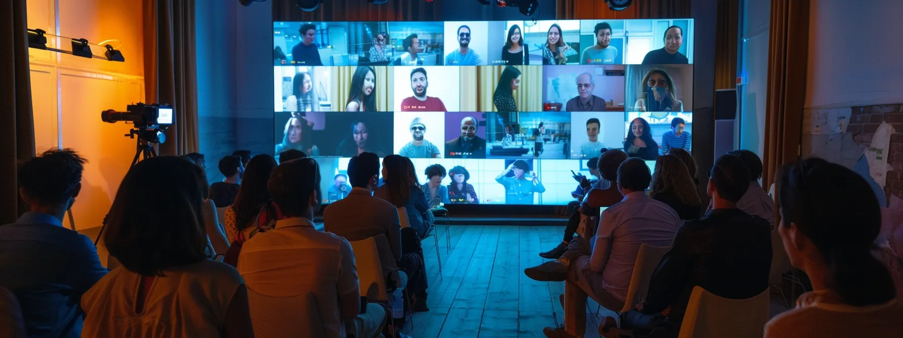 a group of local journalists, bloggers, and influencers gathered together, engaged in lively discussion, while social media platforms displaying positive feedback and interactions are projected on a screen in the background.