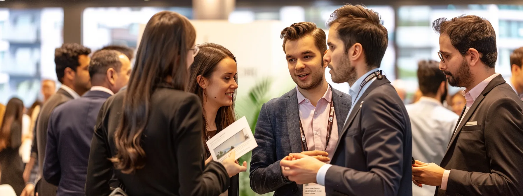 a group of professionals networking at a real estate industry event, exchanging ideas and insights to boost their online visibility and credibility.