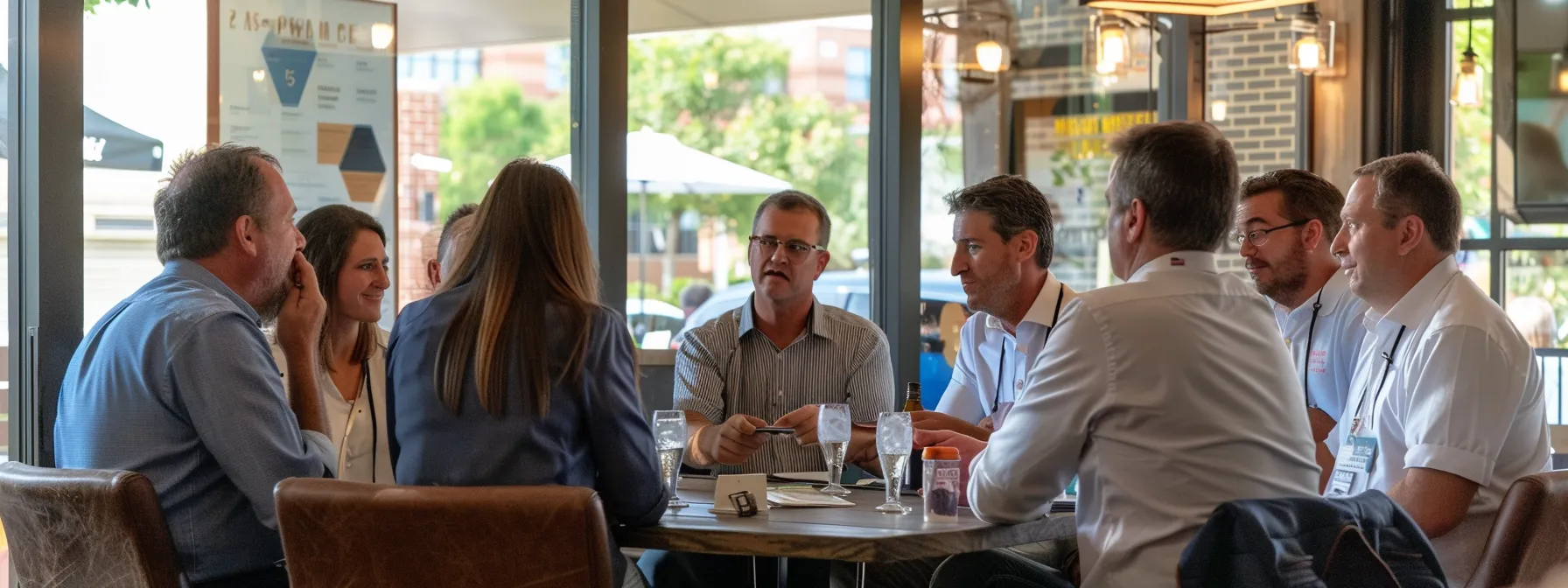 a group of real estate investors networking at a vibrant local meet-up, exchanging business cards and discussing off-market property opportunities.