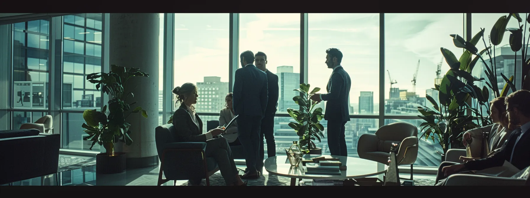 a group of real estate professionals meeting in a modern office, exchanging keys symbolizing exclusive access to off-market deals.