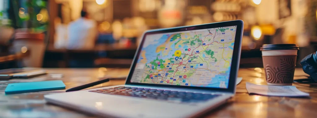 a laptop surrounded by diverse local landmarks and websites, symbolizing a strategic approach to building backlinks for local seo.