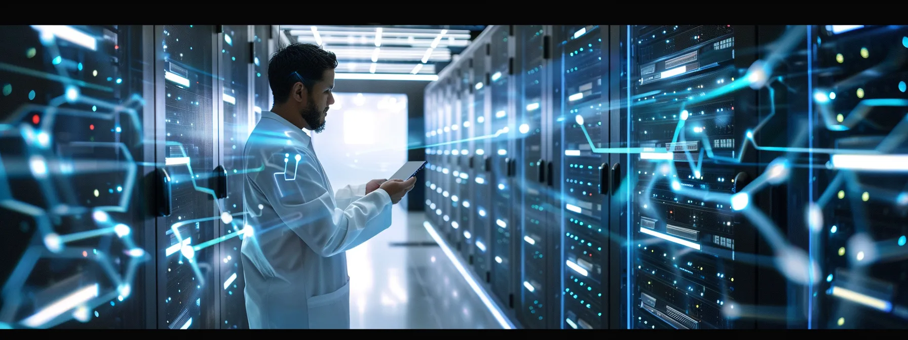 a modern, high-tech server room with rows of servers glowing brightly, symbolizing the benefits of integrating a cdn for your rei website.