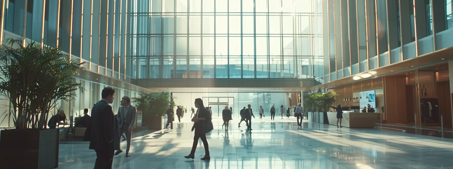 a modern office building with a bustling lobby filled with professionals discussing investment strategies.