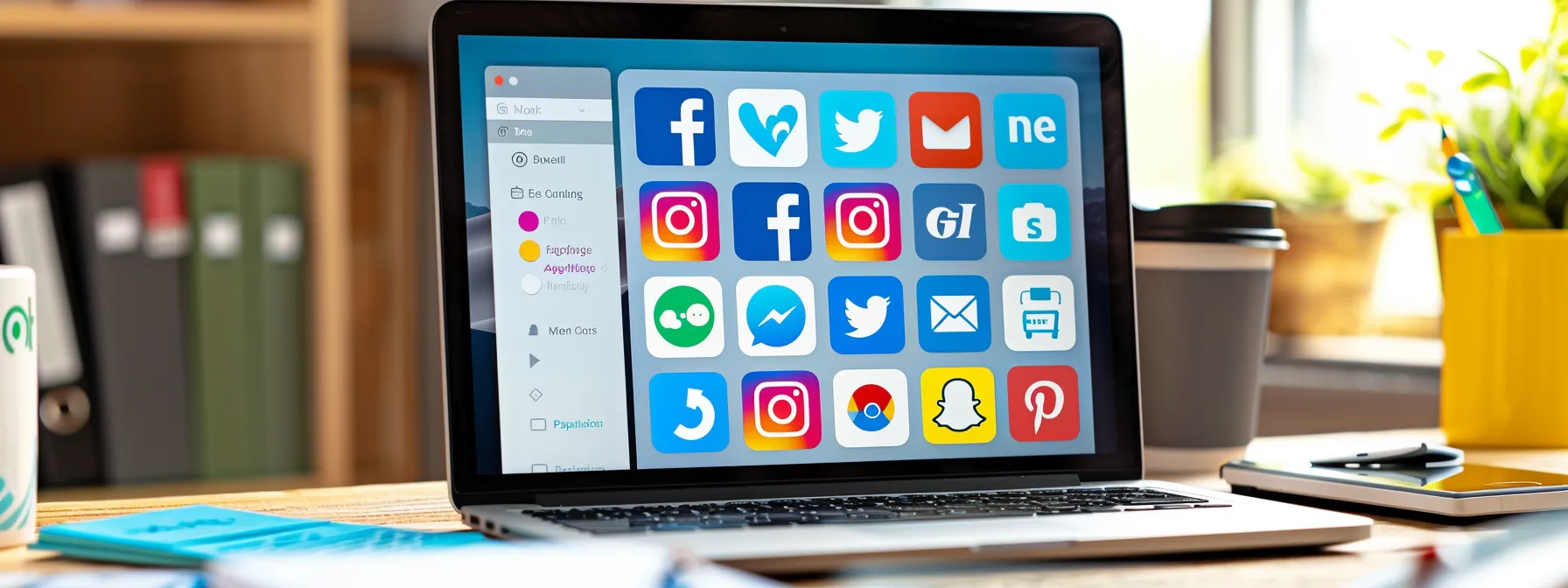 a modern office desk with a laptop displaying social media platforms, surrounded by vibrant charts showing increased web traffic and engagement metrics.