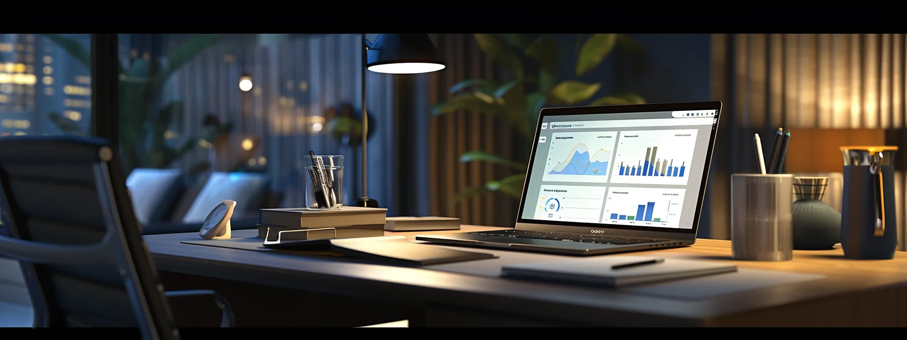 a modern office desk with a sleek laptop displaying a real estate investment website, surrounded by charts and graphs showing improved customer engagement and faster load times with cdn integration.