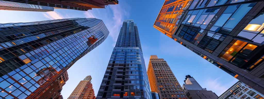 a modern skyscraper with futuristic architecture towering over a bustling cityscape.