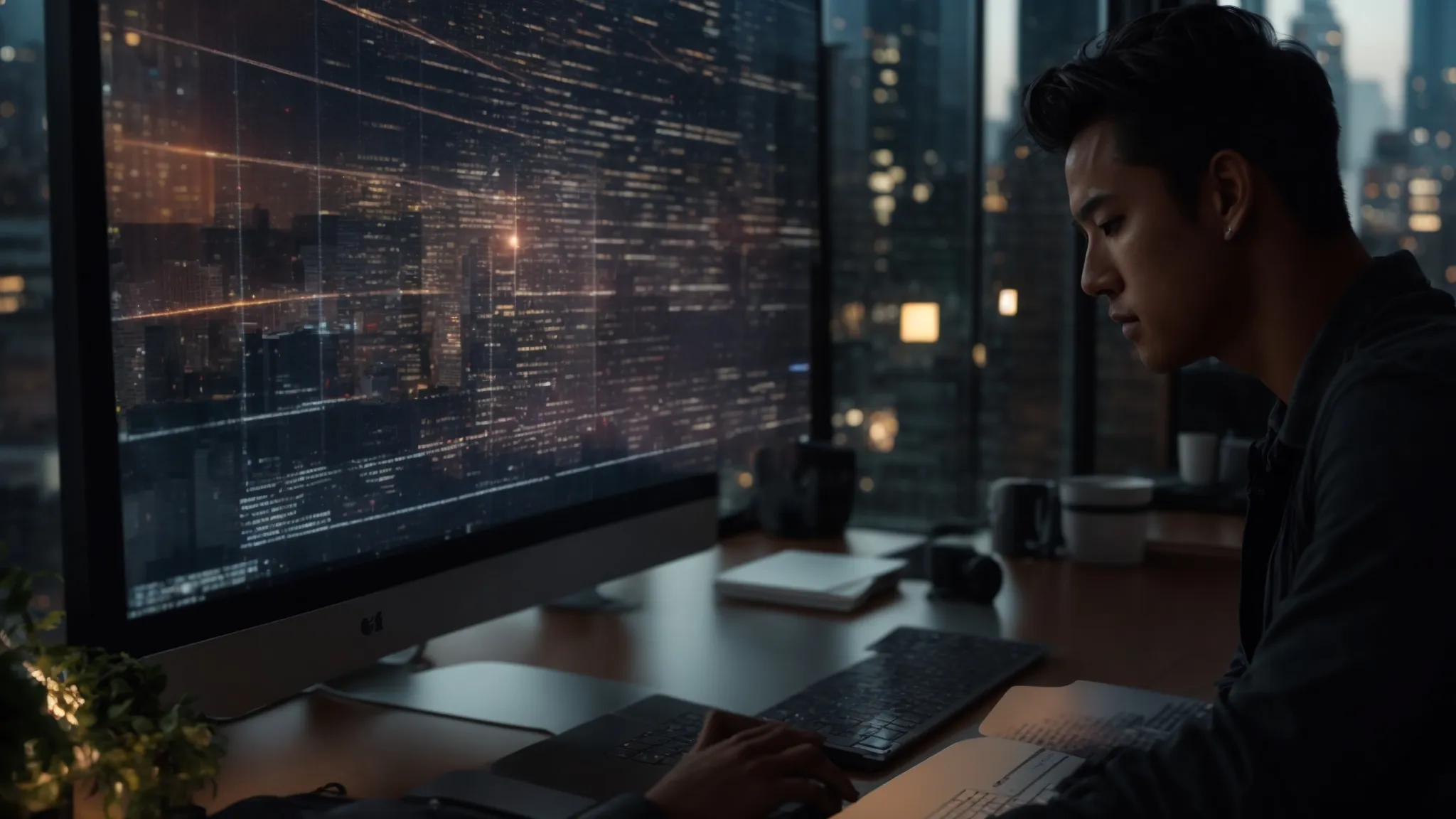 a person analyzing a complex web of links on a computer screen, surrounded by a stack of books on seo and a bustling digital cityscape outside the window.