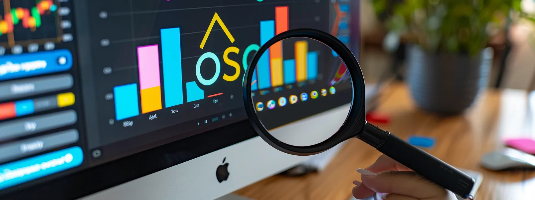 a person analyzing a computer screen filled with colorful graphs and charts, showing the impact of backlinks on organic traffic and search rankings.